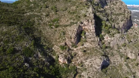 Aerial view of a mountain slope vith grass and bushes Stock Footage 241516611