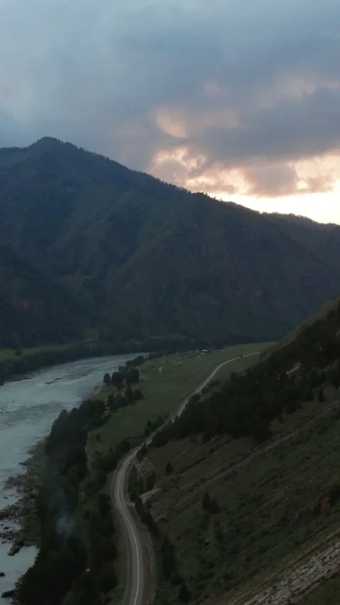 Aerial view of Mountain Spirits Gorge valley and river at sunset, Altai Stock Footage 335660463