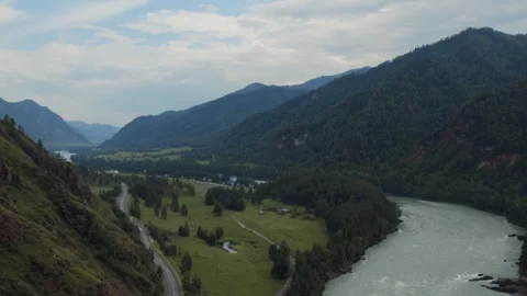 Aerial view of Mountain Spirits Gorge valley and river landscape in Altai Stock Footage 336296274