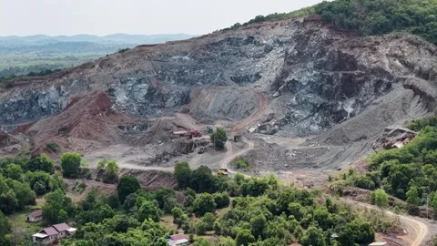Aerial view of mountain stone mining for building foundations Stock Footage 340114163