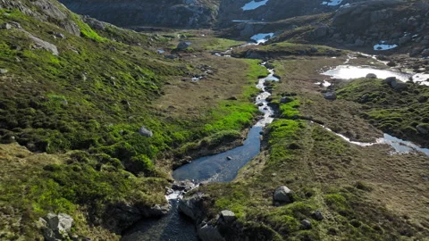 Aerial view of mountain stream along Kjerag hiking trail. Stock Footage 328129217
