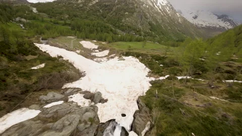 Aerial View of a Mountain Stream in the Alps With Snow Video stock 277797811