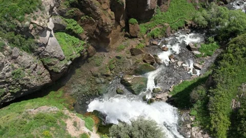 Aerial view of mountain stream below Trchkan waterfall in Lori, Armenia Stock Footage 342061445