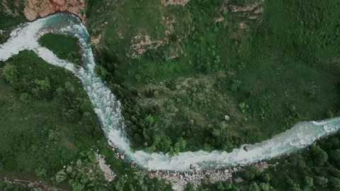 Aerial view of a mountain stream flowing through a dense forest. Stock Footage 316031376