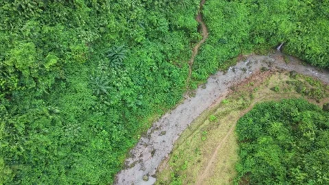 Aerial View of Mountain Stream Path Flowing Along Foothills Stock Footage 345270613