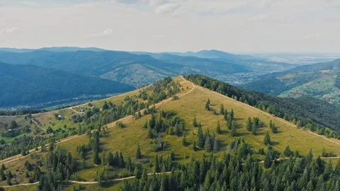 Aerial view Of The Mountain Top with trees and meadow. Drone video. Stock Footage 119760485