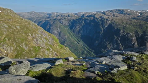 Aerial view of mountain valley along the Kjerag hiking trail Norway. Stock Footage 328129060