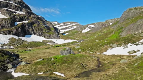 Aerial view of mountain valley along the Kjerag hiking trail Norway. Stock Footage 328129114