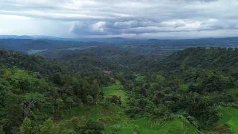 Aerial View of Mountain Valley and Overcast Sky Stock Footage 343859097
