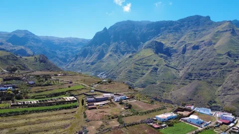 Aerial View of a Mountain Valley and Terraced Farmland in Gran Canaria Stock Footage 344851226