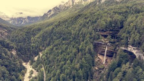 Aerial view of mountain valley with double water fall. Stock Photos