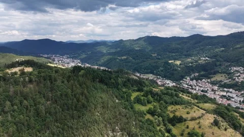 Aerial view of a mountain valley panning towards a rocky cliff and pine forest 库存影片 341742111