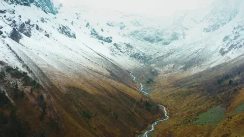 Aerial View of a Mountain Valley with a Stream in the North Caucasus, Russia, Du Stock Footage 320852379