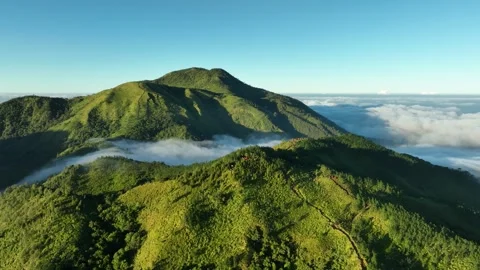 Aerial View of Mountains Above the Clouds at Sunrise Stock Footage 244728816