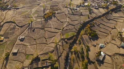 Aerial view of mountains and fields in Hopar Valley, Pakistan. Stock Footage 281368023