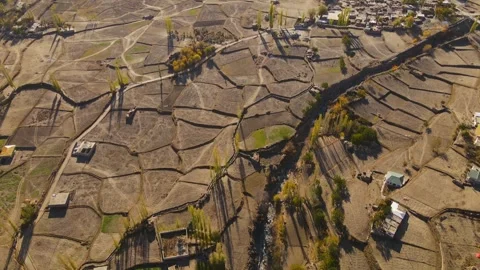 Aerial view of mountains and fields in Hopar Valley, Pakistan. Stock Footage 312834369