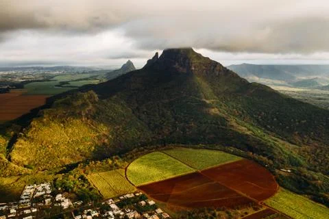 Aerial view of mountains and fields in Mauritius island Stock Photos