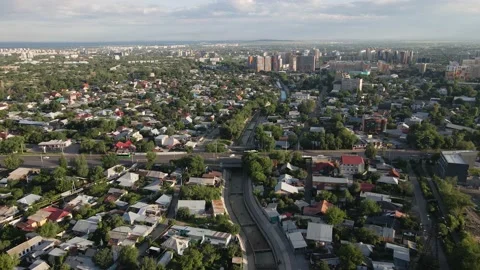 Aerial view of the mountains and river in Almaty, Kazakhstan Stock Footage 196316461