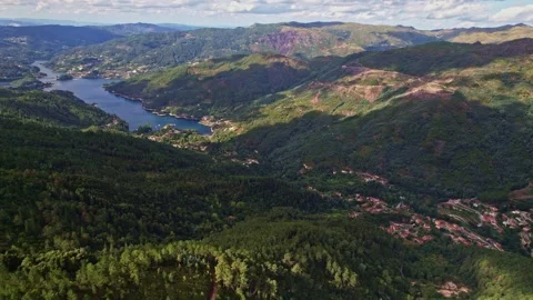 Aerial view of the mountains and river, at the Peneda Geres National Park Stock Footage 278093203