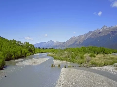 Aerial view of  Mountains over remote river, Glenorchy,  New Zealand Stock-Footage 73267854