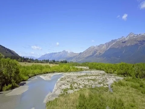 Aerial view of  Mountains over remote river, Glenorchy,  New Zealand Stock-Footage 73268081