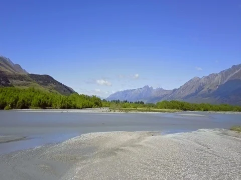 Aerial view of  Mountains over remote river, Glenorchy,  New Zealand Stock-Footage 73268101