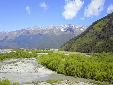 Aerial view of  Mountains over remote river, Glenorchy,  New Zealand Stock-Footage 73268169