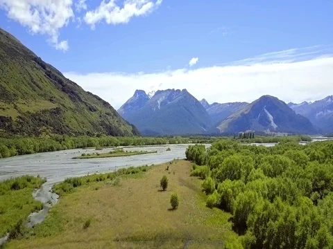 Aerial view of  Mountains over remote river, Glenorchy,  New Zealand Stock-Footage 73268355