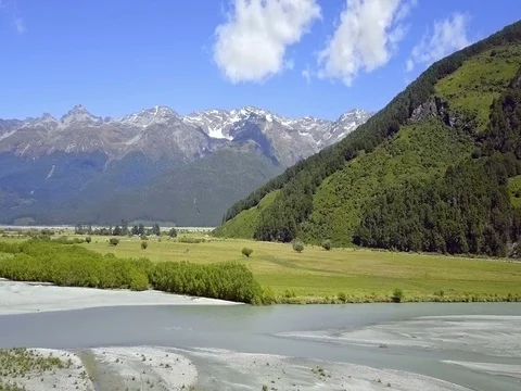 Aerial view of  Mountains over remote river, Glenorchy,  New Zealand Stock-Footage 73268393