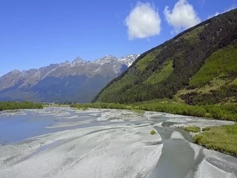 Aerial view of  Mountains over remote river, Glenorchy,  New Zealand Stock-Footage 73268443