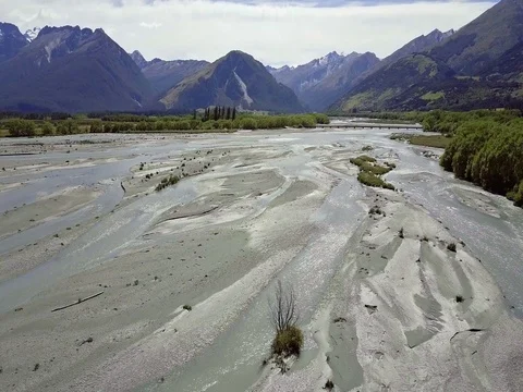 Aerial view of  Mountains over remote river, Glenorchy,  New Zealand Stock-Footage 73268454