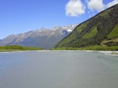 Aerial view of  Mountains over remote river, Glenorchy, New Zealand Stock-Footage 73268530