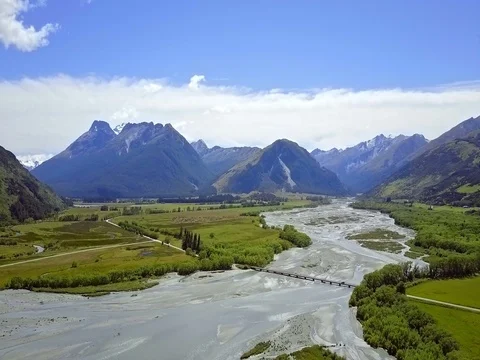 Aerial view of  Mountains over remote river, Glenorchy, New Zealand Stock-Footage 73268611