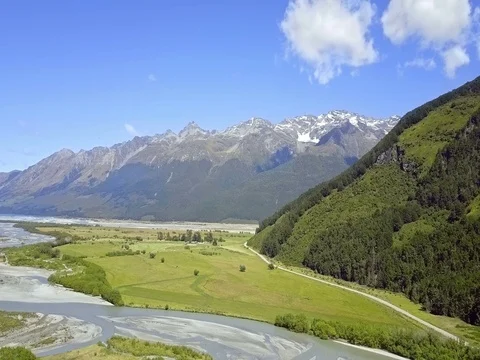 Aerial view of  Mountains over remote river, Glenorchy, New Zealand Stock-Footage 73268766