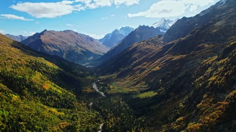 Aerial View Of Mountains Range And Beautiful Valley In Autumn Day, Picturesque Stock Footage 254289264