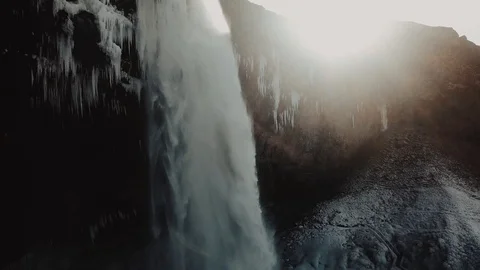 Aerial view to the mountains river flows through the valley and falls down. Stock Footage 97012394