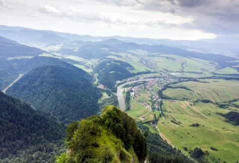 Aerial view of mountains, rivers, fields and meadows Stock Photos