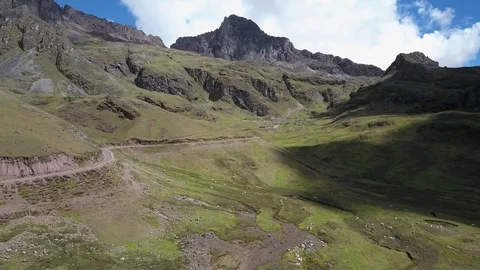 Aerial view of Mountains, Sky, Clouds and Alpacas, Llamas and lakes. Stock Footage 75950753