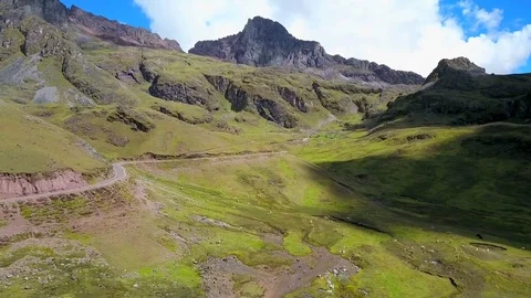 Aerial view of Mountains, Sky, Clouds and Alpacas, Llamas and lakes. Stock Footage 75950763