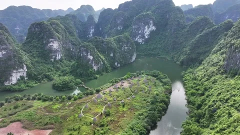 Aerial view of mountains in Tam Coc National Park, Ninh Binh Province - Vietnam. Stock Footage 287409644