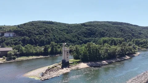 Aerial View of Mouse Tower on Rhine River near Bingen Stock Footage 341034586