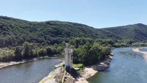 Aerial View of Mouse Tower on Rhine River near Bingen Stock Footage 341034592
