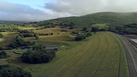 Aerial view, move down. Drone panorama of Llyn Celyn water reservoir with dam 스톡 동영상 94228632