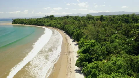 Aerial view moving along backwards above a tropical beach coastal scene. Stock Footage 162997003