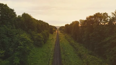 Aerial view, moving down, keeps in focus railtrack and shows marvellous Stock Footage 110713813