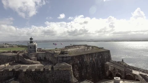 Aerial view moving from El Morro in Old San Juan, Puerto Rico Stock Footage 98274898