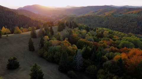 Aerial view moving forward above colorful autumn forest and mountain valley in Stock-Footage 324494915