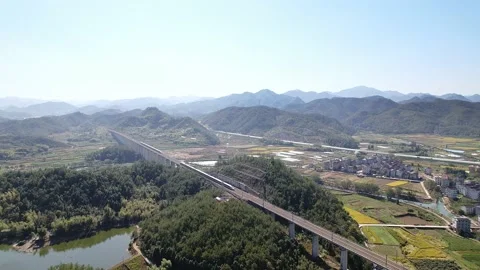 Aerial view of moving high speed train Stock Footage 165212398