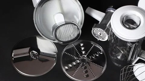 Aerial view of moving kitchen robot with accessories Video stock 73938202