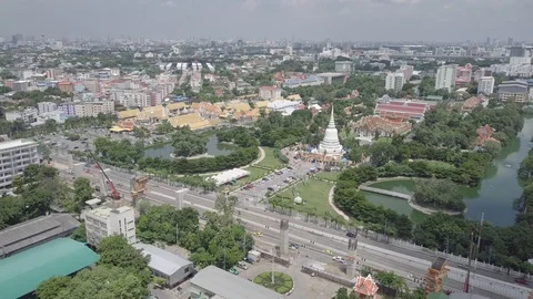 Aerial view moving over the temple in the city of Bangkok Thailand Stock Footage 92109703